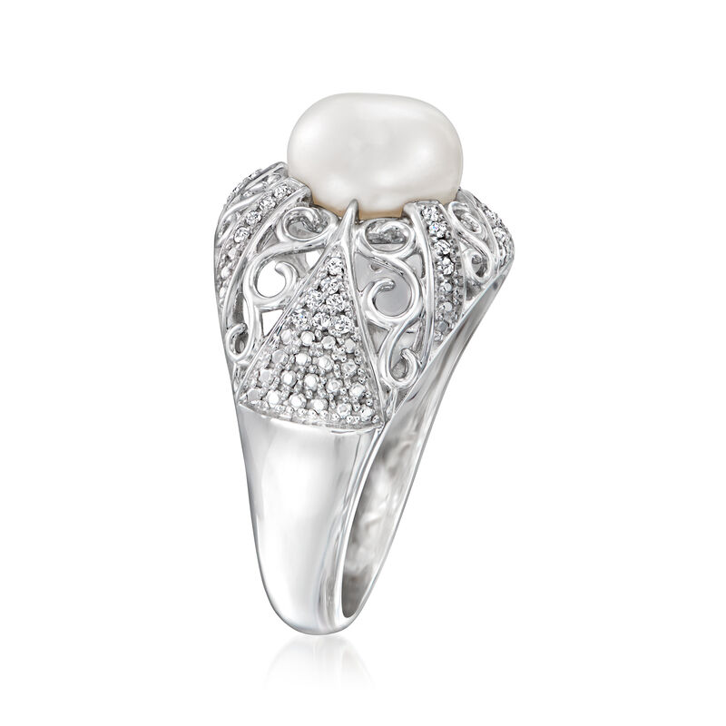 8-8.5mm Cultured Pearl and .10 ct. t.w. Diamond Filigree Ring in Sterling Silver image number 2