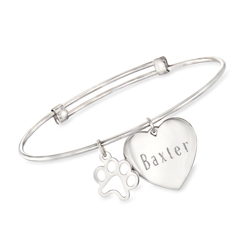 Sterling Silver Personalized Heart Bangle Bracelet with Paw Print Charm image number 0
