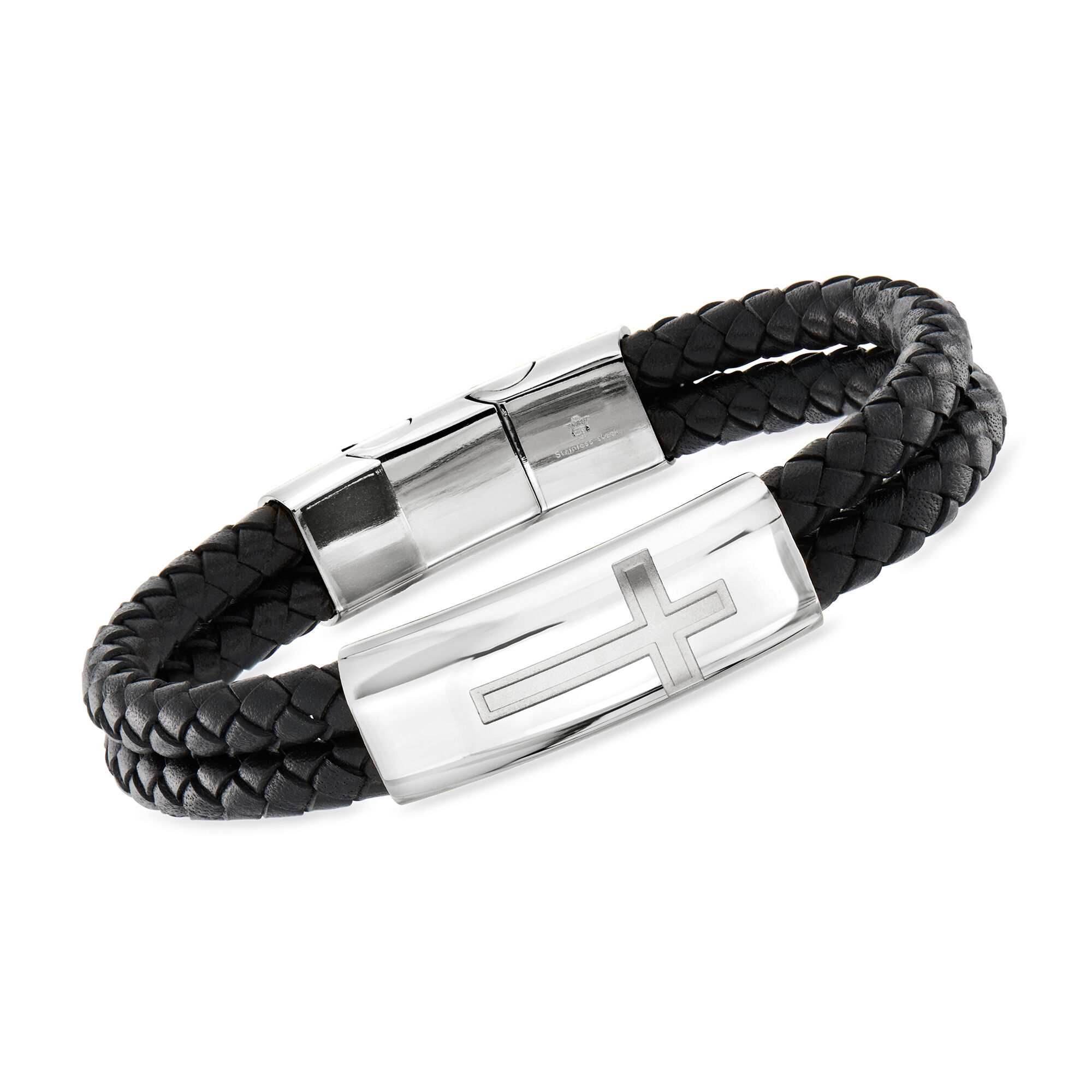 Men's Stainless Steel Cross Bracelet with Black Leather. 8&quot