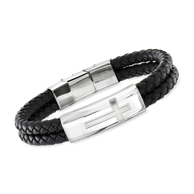 Men's Stainless Steel Cross Bracelet with Black Leather. 8&quot; image number 0