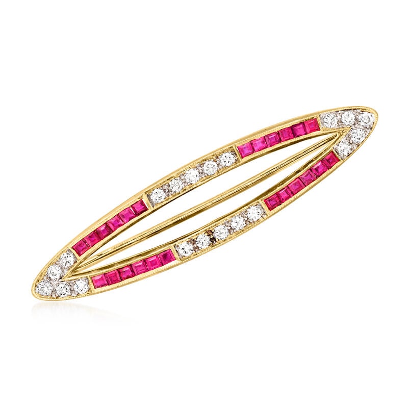 C. 1990 Vintage 1.20 ct. t.w. Ruby and .35 ct. t.w. Diamond Oval Pin in 18kt Yellow Gold image number 0