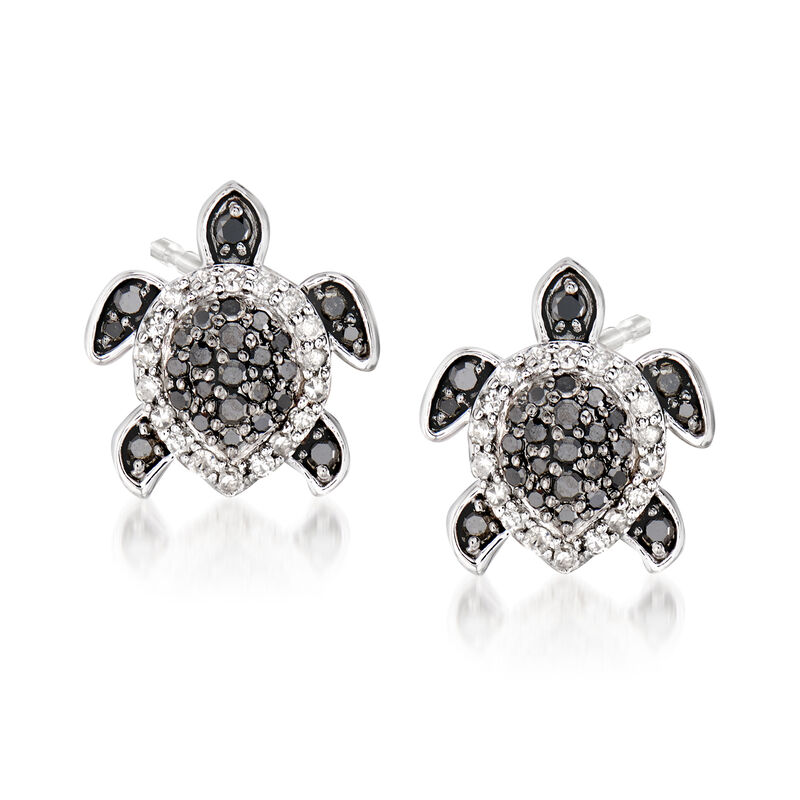 .33 ct. t.w. Black and White Diamond Turtle Earrings in Sterling Silver image number 0