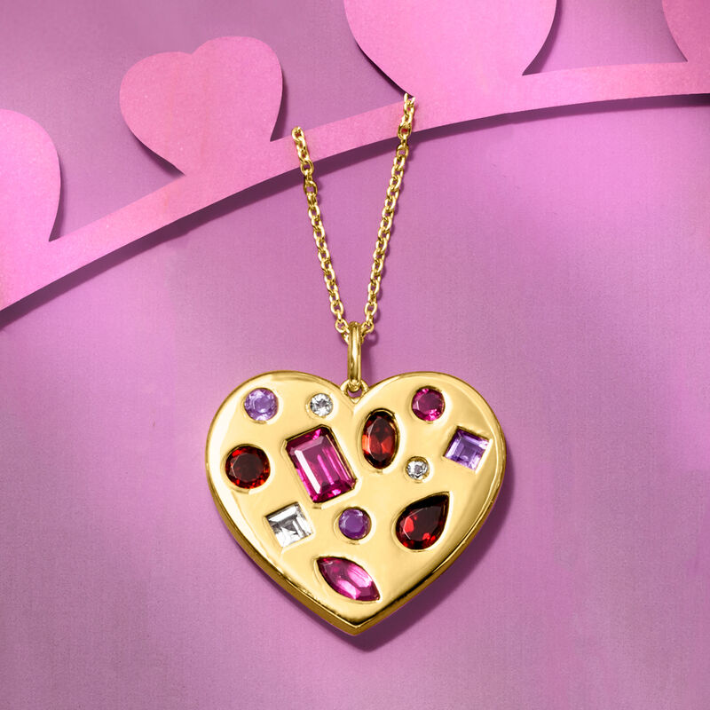 3.10 ct. t.w. Multi-Gemstone Heart Pendant Necklace in 18kt Gold Over Sterling. 18&quot; image number 2