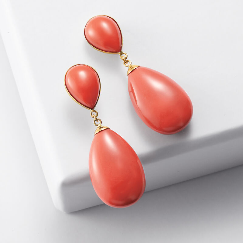 Simulated Coral Drop Earrings in 14kt Yellow Gold image number 3