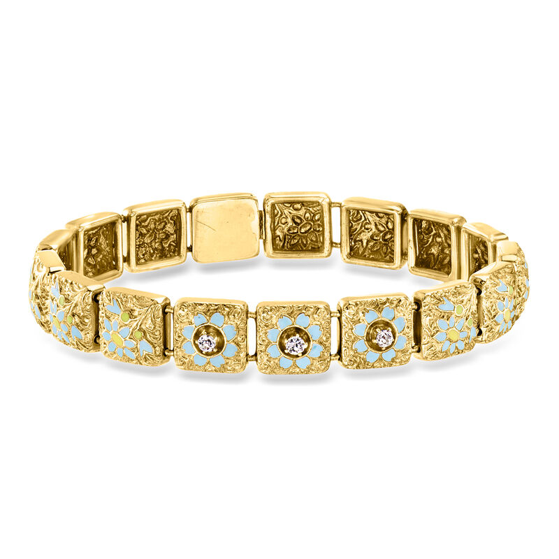 C. 1980 Vintage .15 ct. t.w. Diamond and Multicolored Enamel Flower Link Bracelet in 20kt Yellow Gold. 6.75" image number 0