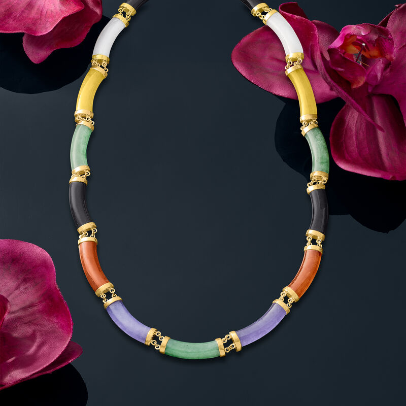 Multicolored Jade Necklace in 18kt Yellow Gold Over Sterling Silver. 18&quot; image number 2