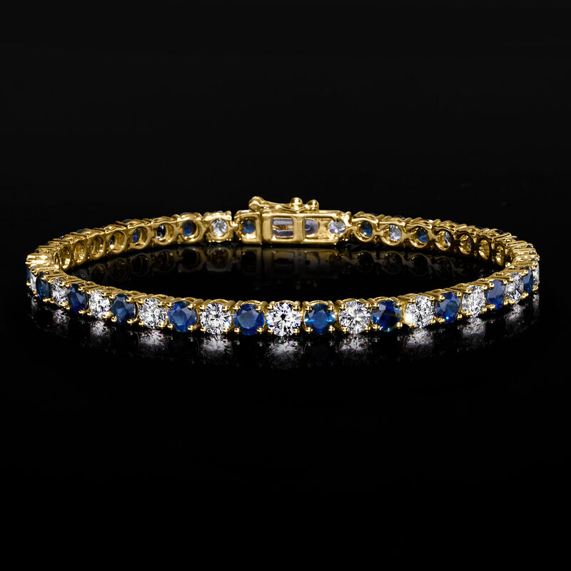 6.50 ct. t.w. Sapphire and 5.00 ct. t.w. Lab-Grown Diamond Tennis Bracelet in 14kt Yellow Gold image number 2