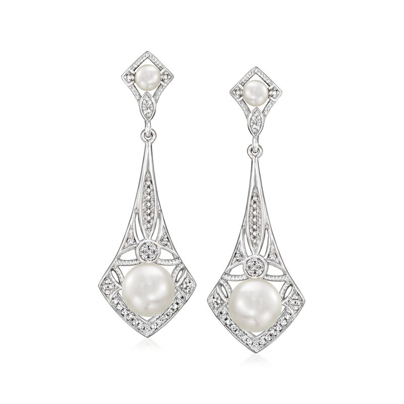 3.5-7.5mm Cultured Pearl and .11 ct. t.w. Diamond Vintage-Style Drop Earrings in Sterling Silver  image number 0