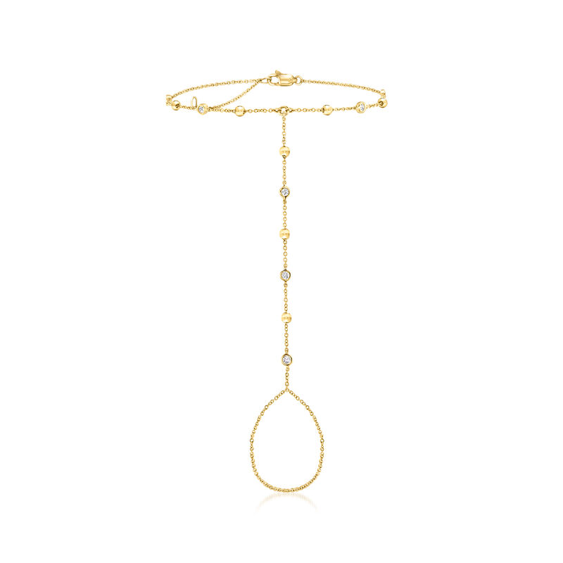 .20 ct. t.w. Bezel-Set Diamond and 14kt Yellow Gold Beaded Hand Chain Bracelet. 7&quot; image number 0