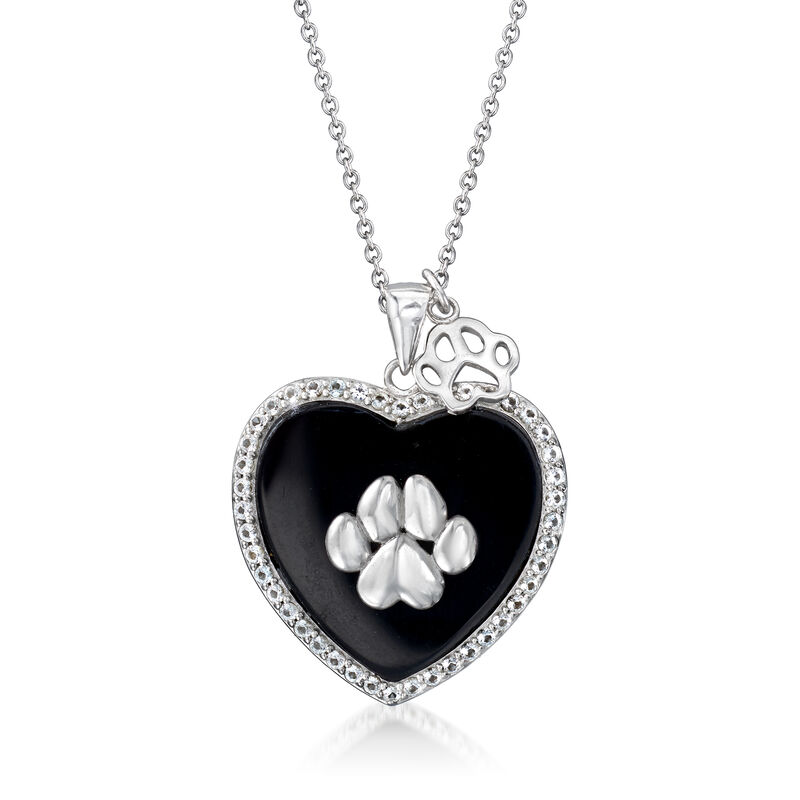 Black Onyx and .74 ct. t.w. White Topaz Heart and Dog Paw Print Pendant Necklace in Sterling Silver image number 0