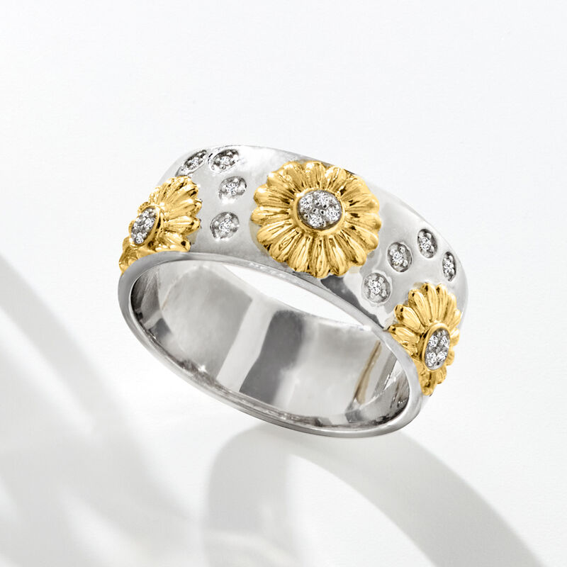 Diamond Sunflower Ring in Two-Tone  Sterling Silver image number 4