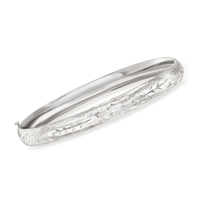 14kt White Gold Textured and Polished Bangle Bracelet image number 0