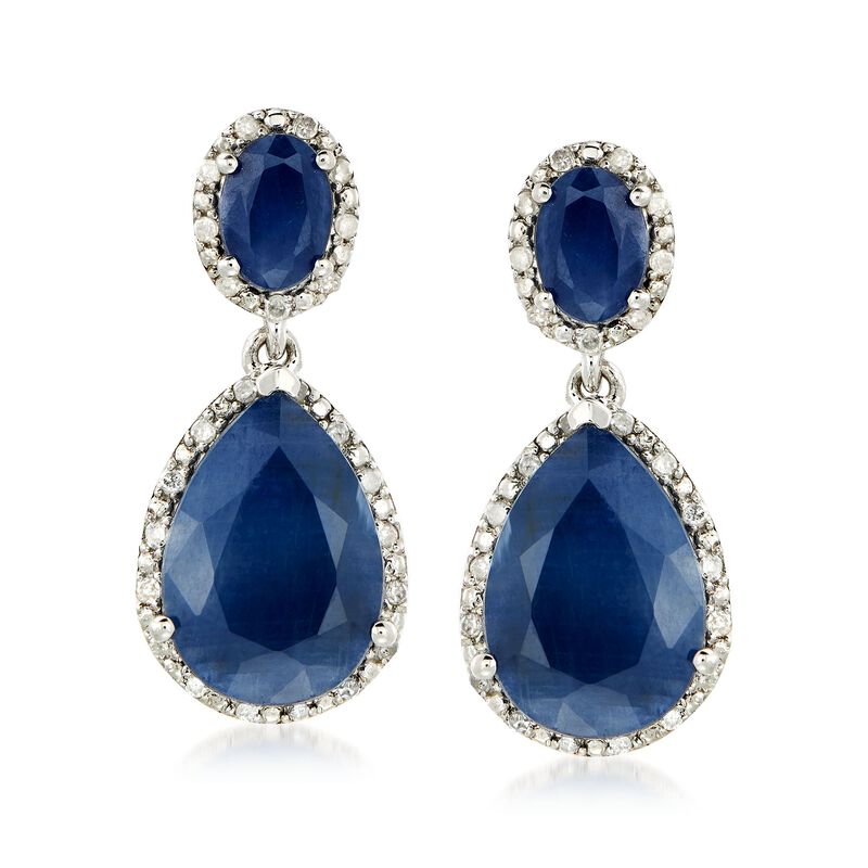 13.50 ct. t.w. Sapphire and .35 ct. t.w. Diamond Drop Earrings in Sterling Silver image number 0