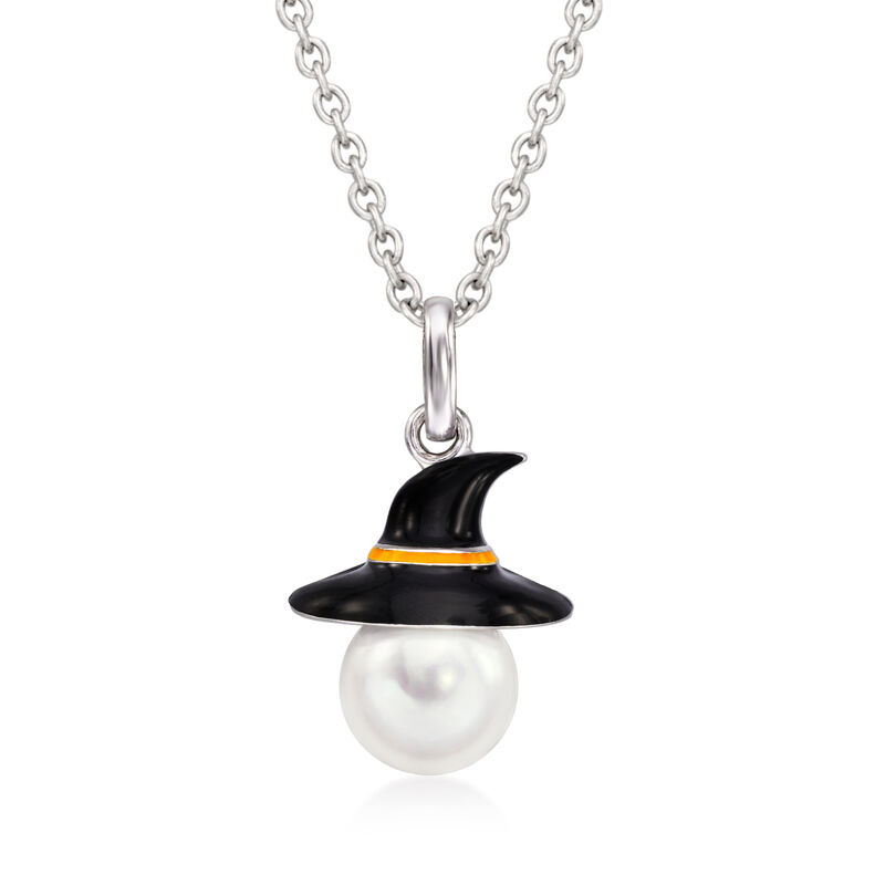 9-9.5mm Cultured Pearl and Multicolored Enamel Witch Hat Pendant Necklace in Sterling Silver image number 0