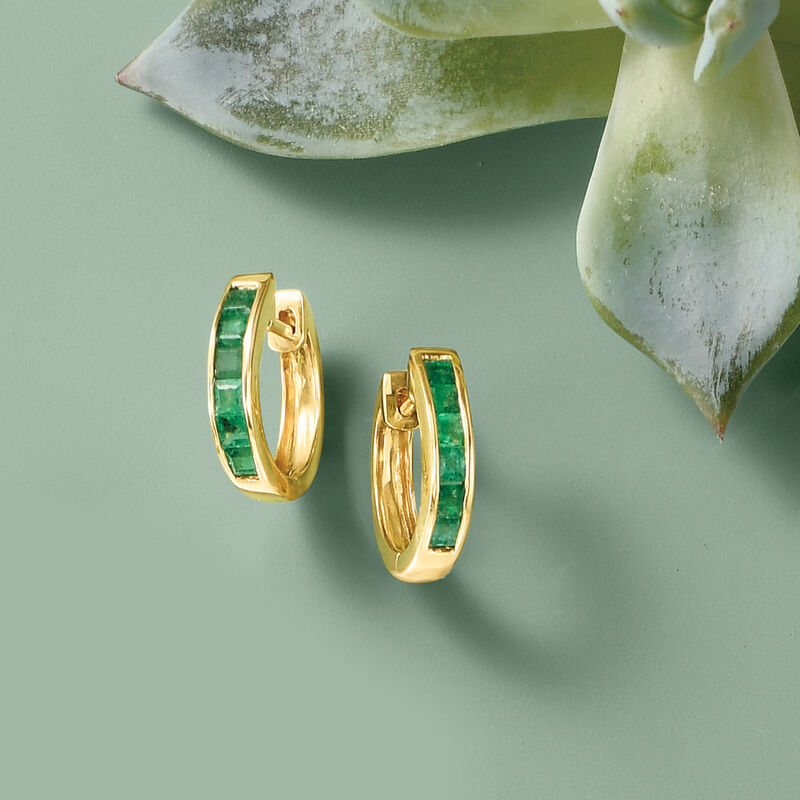 .60 ct. t.w. Emerald Huggie Hoop Earrings in 14kt Yellow Gold. 3/8&quot; image number 2