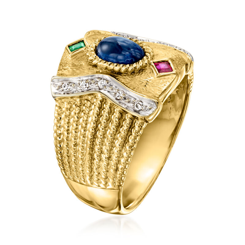 C. 1980 Vintage .65 Carat Sapphire and .14 ct. t.w. Multi-Gemstone Ring with Diamonds in 14kt Yellow Gold. Size 6 image number 2