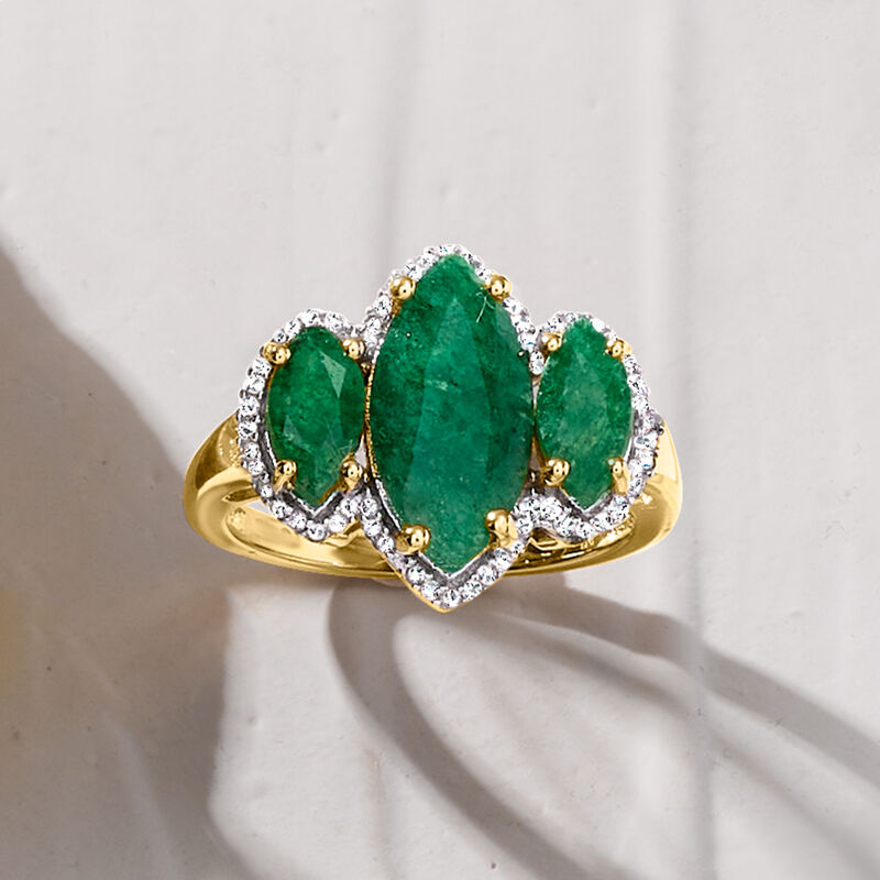 3.30 ct. t.w. Emerald and .16 ct. t.w. Diamond  Three-Stone Ring in 18kt Gold Over Sterling image number 3