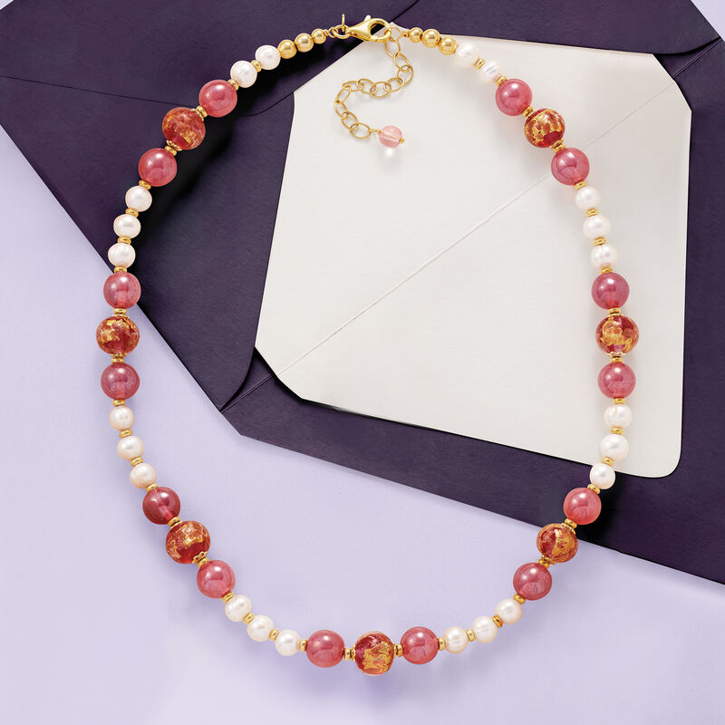 Italian 6-7mm Cultured Pearl and Multicolored Murano Glass Bead Necklace in 18kt Gold Over Sterling image number 3