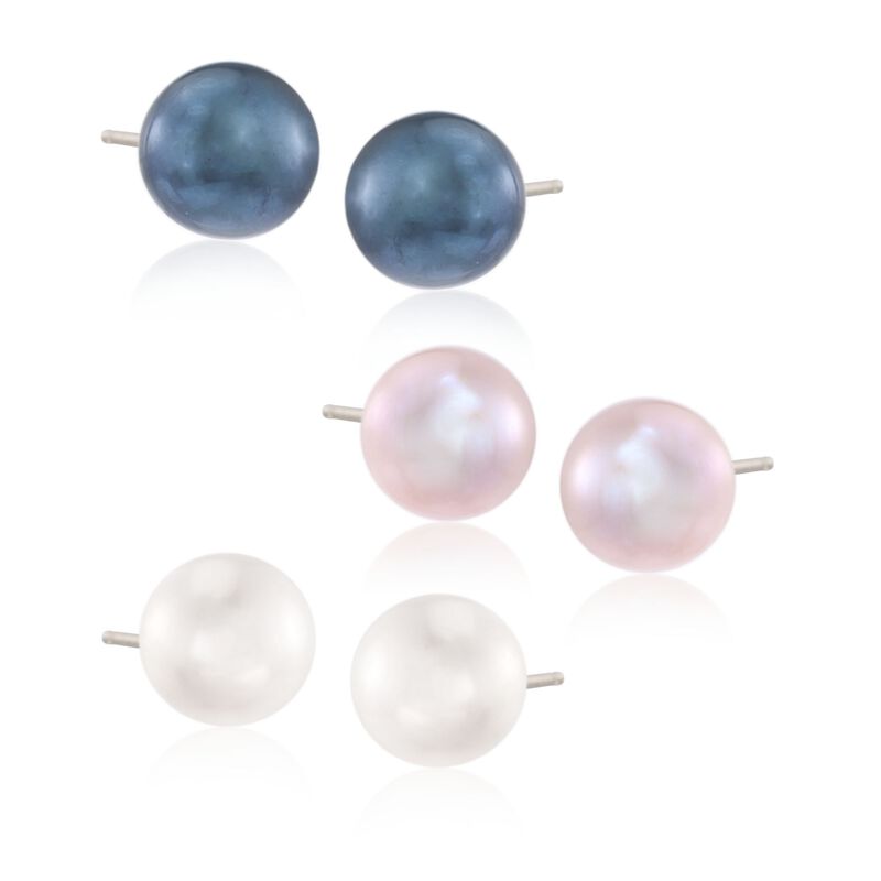 11-12mm Multicolored Cultured Pearl Jewelry Set: Three Pairs of Earrings in Sterling Silver  image number 0