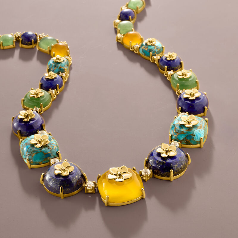 Multi-Gemstone Floral Overlay Necklace with 5.00 ct. t.w. White Topaz and .13 ct. t.w. Diamonds in 18kt Gold Over Sterling image number 2