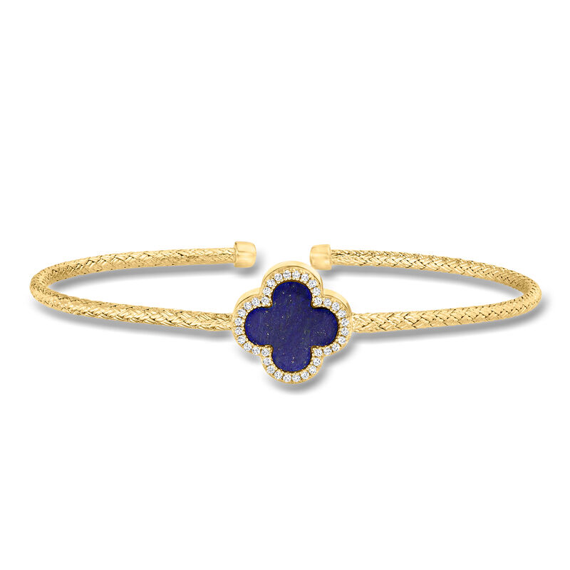 Charles Garnier "Color Me" Lapis Clover and .10 ct. t.w. CZ Cuff Bracelet in 18kt Gold Over Sterling. 7.5" image number 0