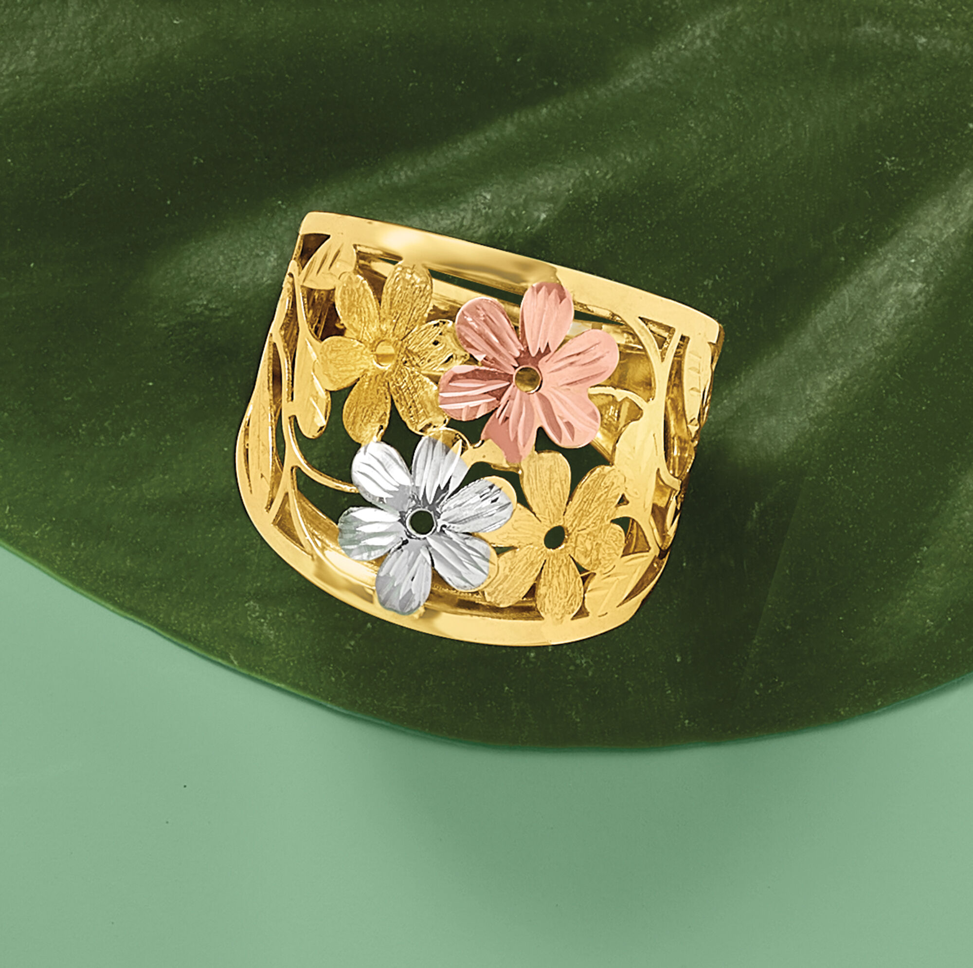 Italian 14kt Tri-Colored Gold Floral Ring
