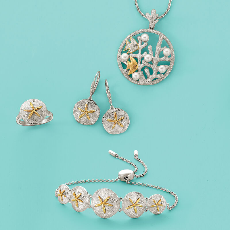4.5-5mm Cultured Pearl and .10 ct. t.w. Diamond Seascape Pendant in Sterling Silver and 14kt Yellow Gold image number 2