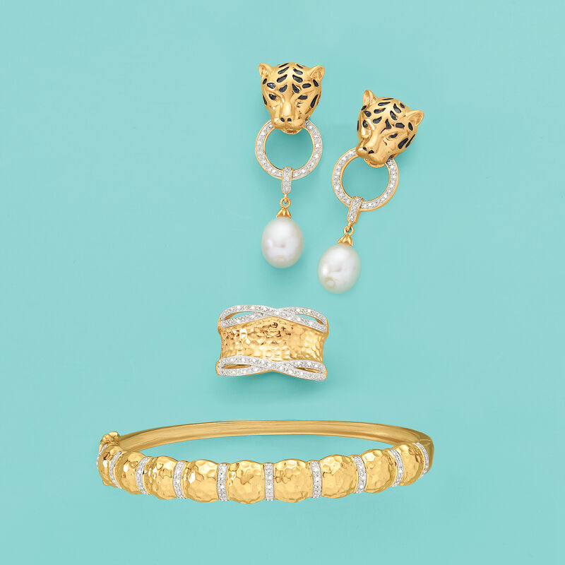 8.5-9mm Cultured Pearl and .10 ct. t.w. Diamond Panther Earrings in 18kt Gold Over Sterling image number 2