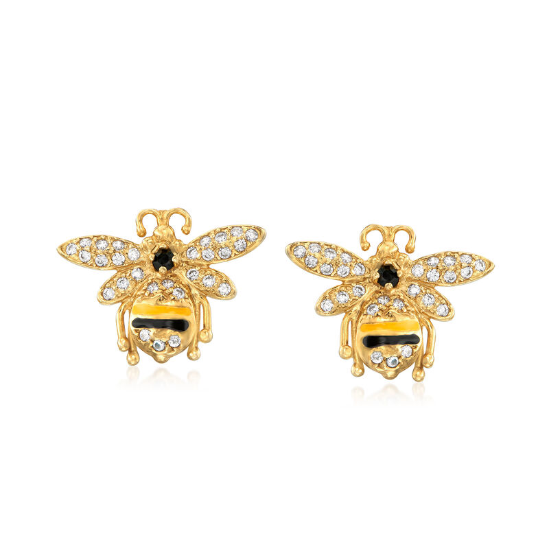 Italian .95 ct. t.w. CZ and Black and Yellow Enamel Bee Earrings in 18kt Gold Over Sterling image number 0