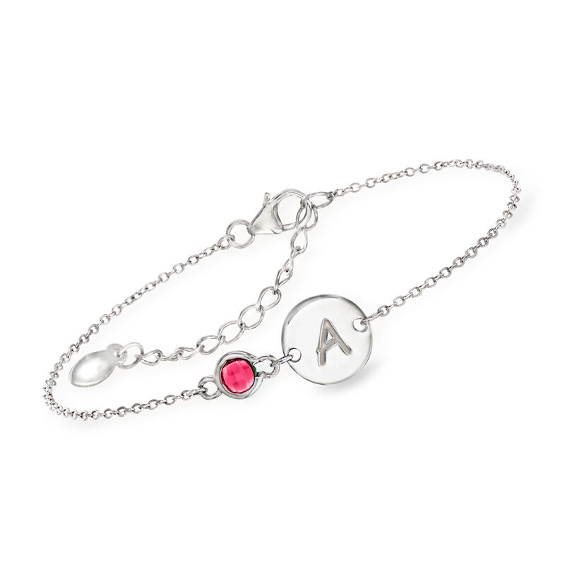 Sterling Silver Personalized Single-Initial Disc Bracelet with Birthstone image number 1