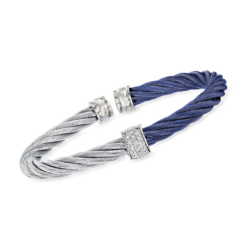 ALOR Blue and Gray Stainless Steel Cable Cuff Bracelet with .13 ct. t.w. Diamond Station in 18kt White Gold. 6.5&quot; image number 0