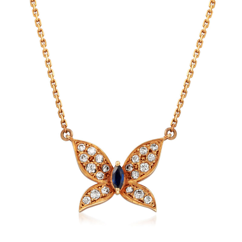 C. 1980 Vintage Tasaki .38 ct. t.w. Diamond and .15 Carat Sapphire Butterfly Necklace in 18kt Rose Gold. 15.5&quot; image number 0