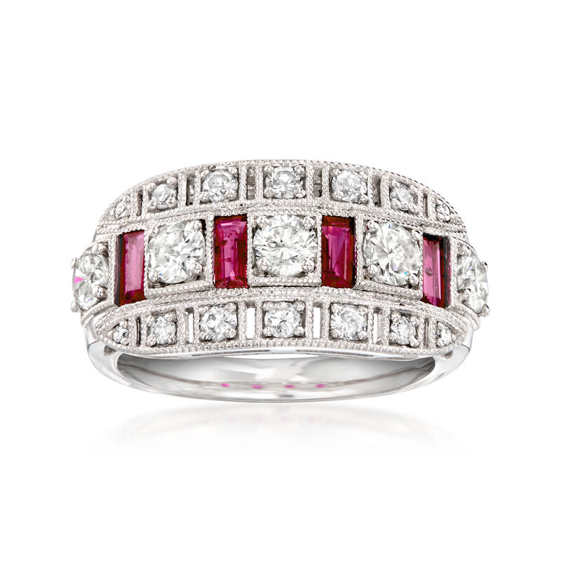 C. 1990 Vintage 1.07 ct. t.w. Diamond Ring with .61 ct. t.w. Rubies in Platinum. Size 6.25 image number 0