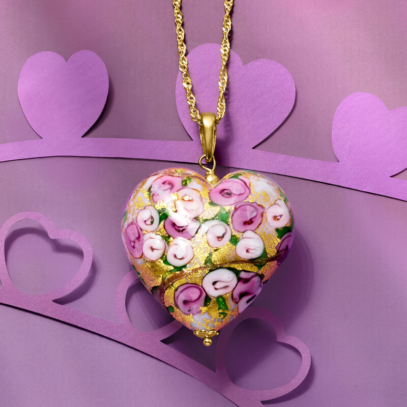 Italian Multicolored Murano Glass Rose Heart Adjustable Pendant Necklace in 18kt Gold Over Sterling image number 2