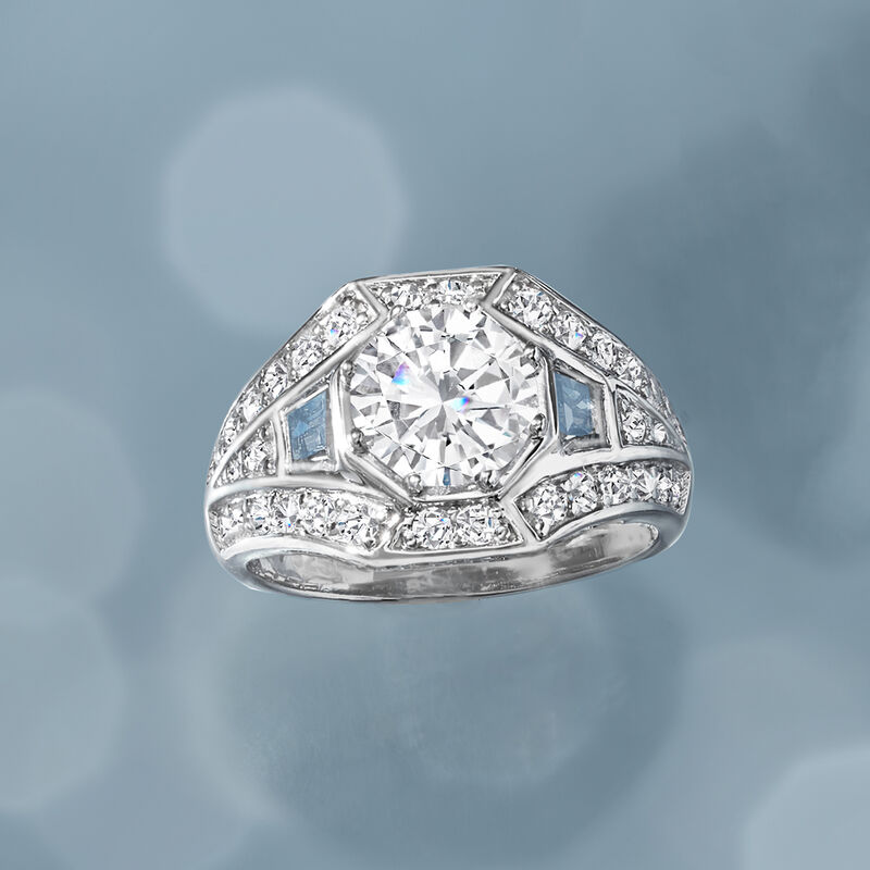 2.62 ct. t.w. CZ and .50 ct. t.w. Simulated Aquamarine Ring in Sterling Silver image number 3
