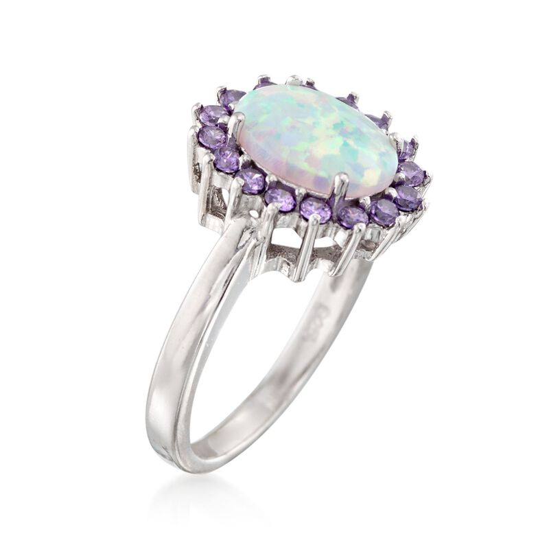 Simulated Opal and Simulated Amethyst Oval Ring in Sterling Silver image number 2