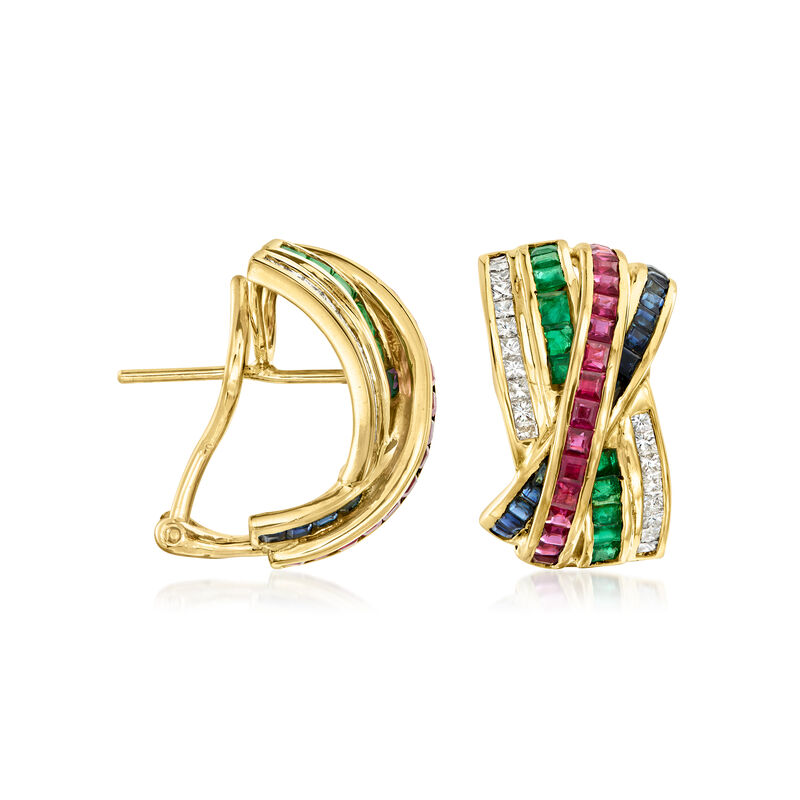 C. 1980 Vintage 6.00 ct. t.w. Multi-Gemstone and 1.15 ct. t.w. Diamond Curved Earrings in 18kt Yellow Gold image number 0