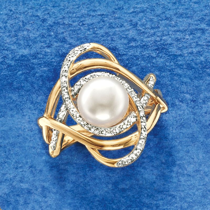 8-8.5mm Cultured Pearl and .10 ct. t.w. Diamond Swirl Ring in 18kt Gold Over Sterling image number 4