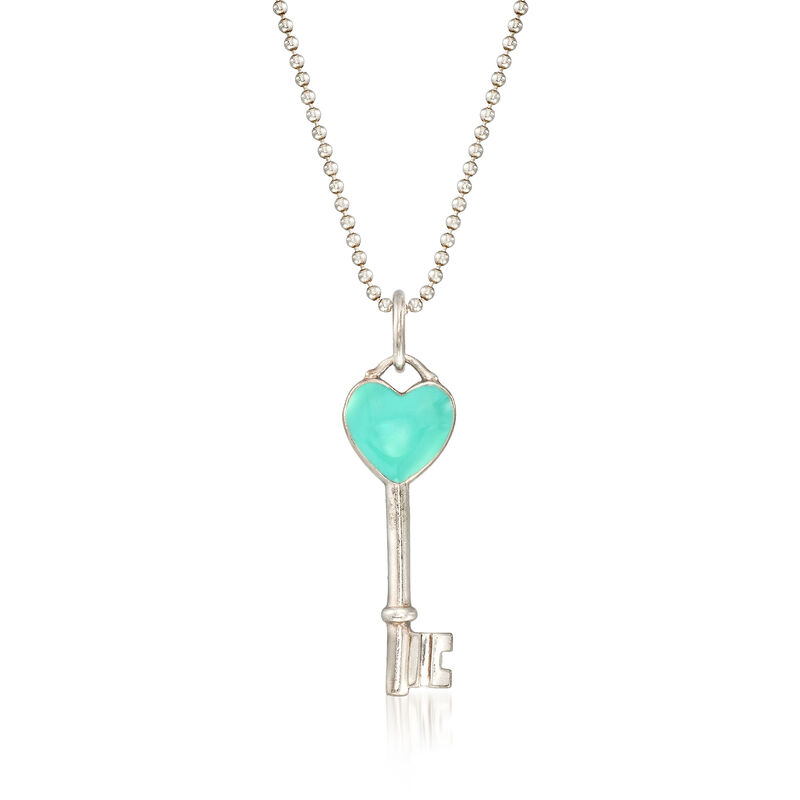C. 1990 Vintage Tiffany Jewelry Blue Enamel Key Pendant Necklace in Sterling Silver. 18&quot; image number 1