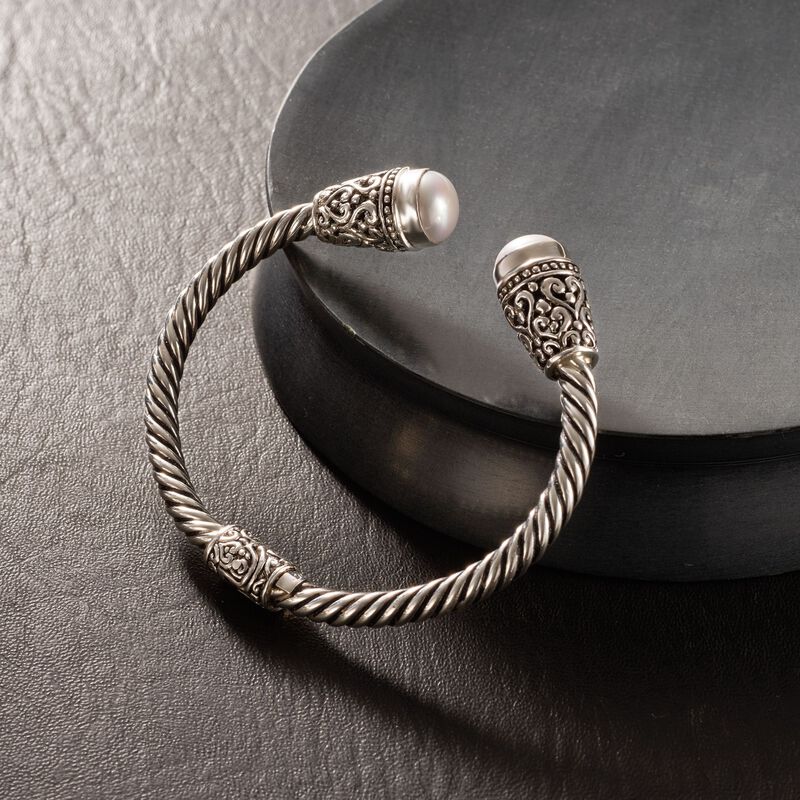10-10.5mm Cultured Pearl Bali-Style Cuff Bracelet in Sterling Silver. 7.5&quot; image number 2