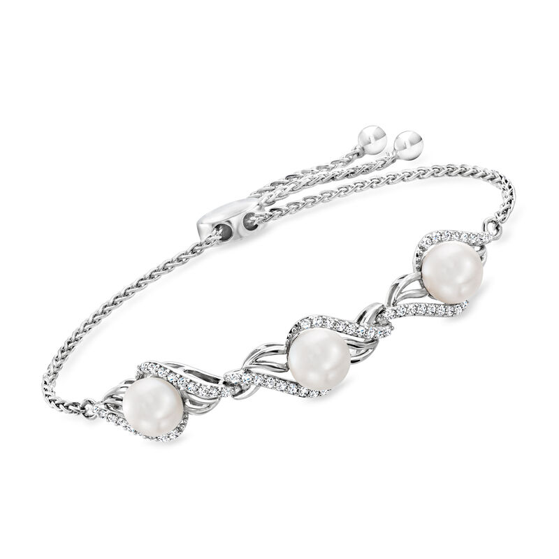 7-7.5mm Cultured Pearl and .40 ct. t.w. White Topaz Bolo Bracelet in Sterling Silver image number 0