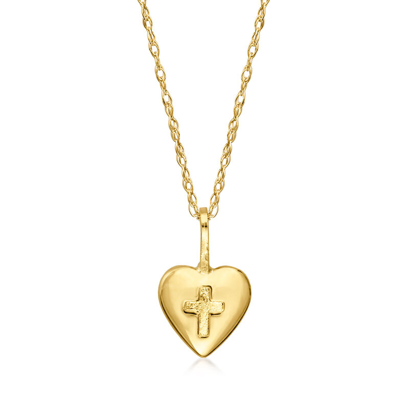 Child's 14kt Yellow Gold Heart and Cross Pendant Necklace. 15&quot; image number 0