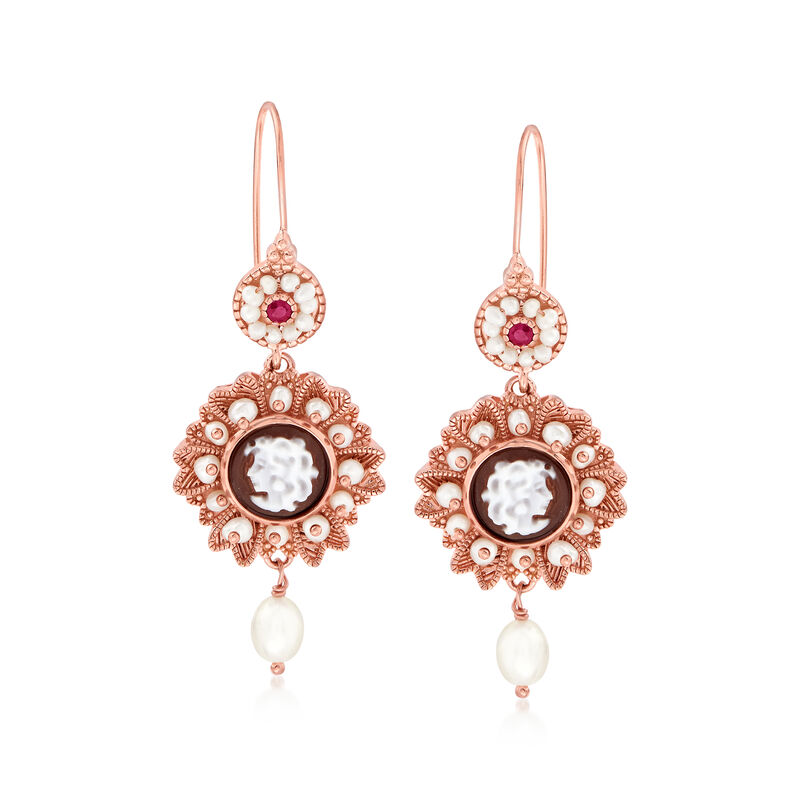 Italian Brown Shell, Cultured Pearl and Ruby Cameo Drop Earrings in 18kt Rose Gold Over Sterling image number 0