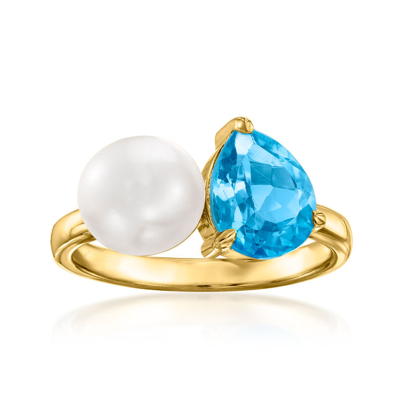 7.5-8mm Cultured Pearl and 2.00 Carat Swiss Blue Topaz Toi et Moi Ring in 18kt Gold Over Sterling image number 0
