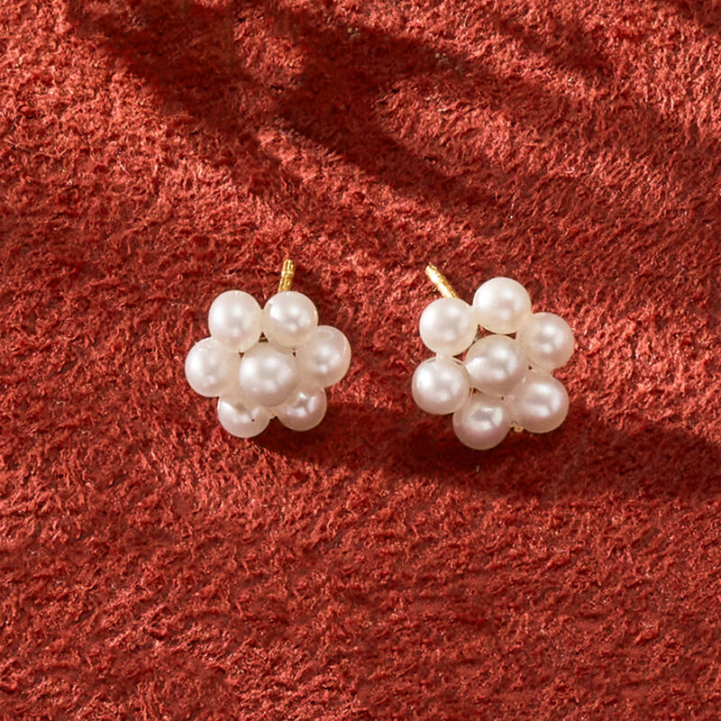 2-3mm Cultured Pearl Flower Earrings with 14kt Yellow Gold image number 2