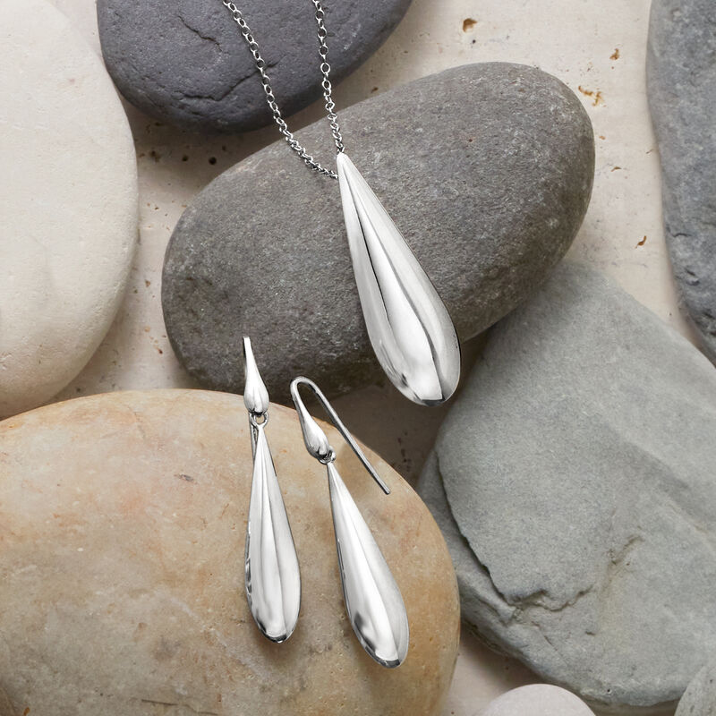 Italian Sterling Silver Teardrop Jewelry Set: Necklace and Drop Earrings. 18&quot; image number 5