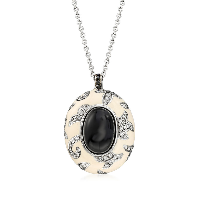 C. 1990 Vintage Nouvelle Bague Black Onyx and 1.05 ct. t.w. Diamond Pendant Necklace in 18kt White Gold. 16.25&quot; image number 1