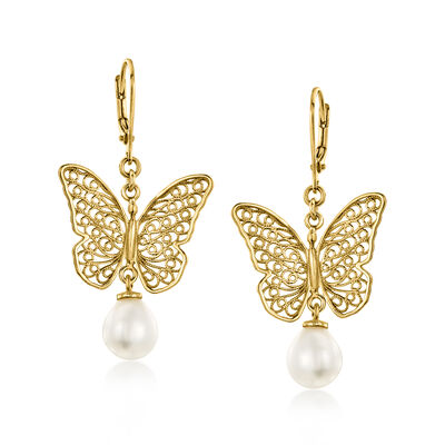 14kt Yellow Gold-Plated Filigree Butterfly Drop Earrings with 8-8.5mm Cultured Pearls