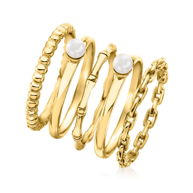 3.5mm Cultured Pearl Jewelry Set: Five Stackable Rings in 18kt Gold Over Sterling image number 2