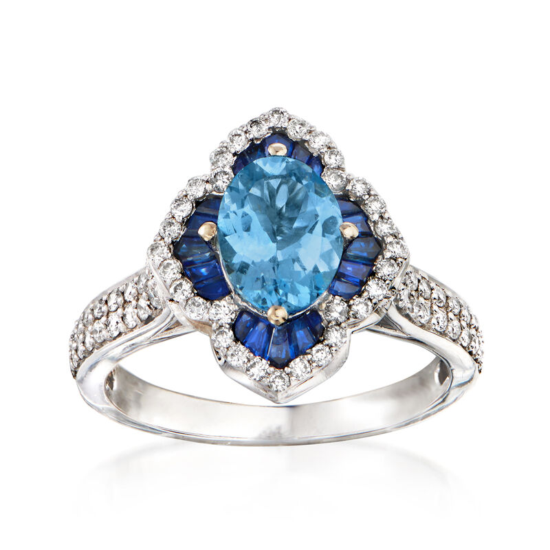 2.10 Carat Aquamarine, .90 ct. t.w. Sapphire and .48 ct. t.w. Diamond Ring in 14kt White Gold image number 0